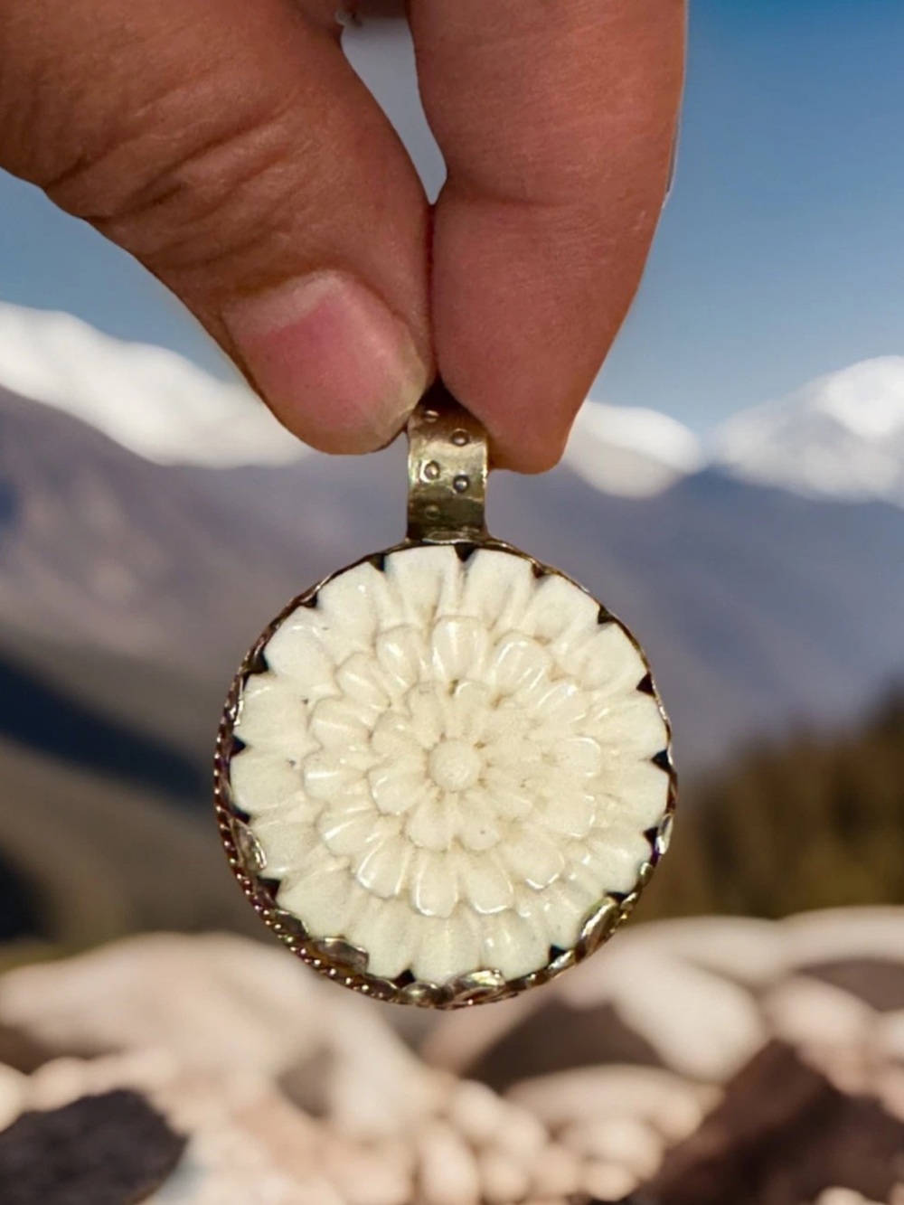 Hand Carved Artisan Flower Bone Pendant Set In Silver 1.8”in by 1.4”in,20grams